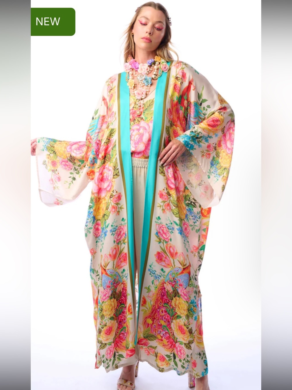 NWT Aratta Silent Journey- Earth Angles Maxi Kimono- Beige Peacock
